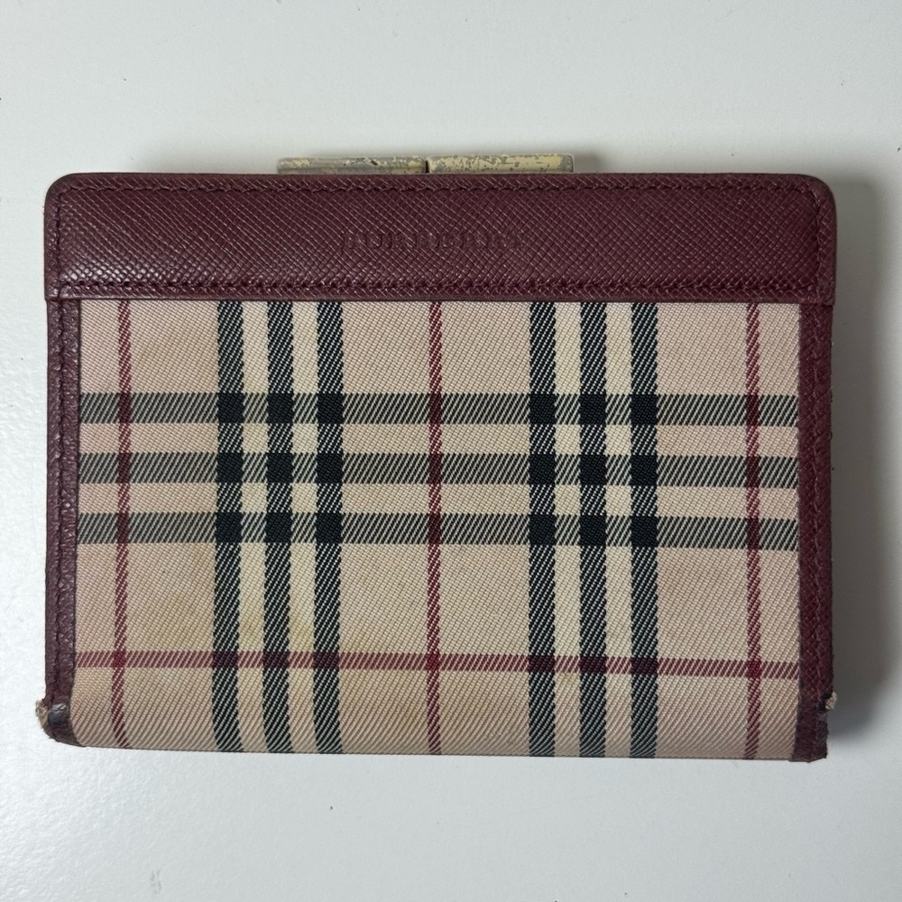 Burberry Women’s Classic Nova Check Burgundy Bi Fold Wallet With Gold Clasp